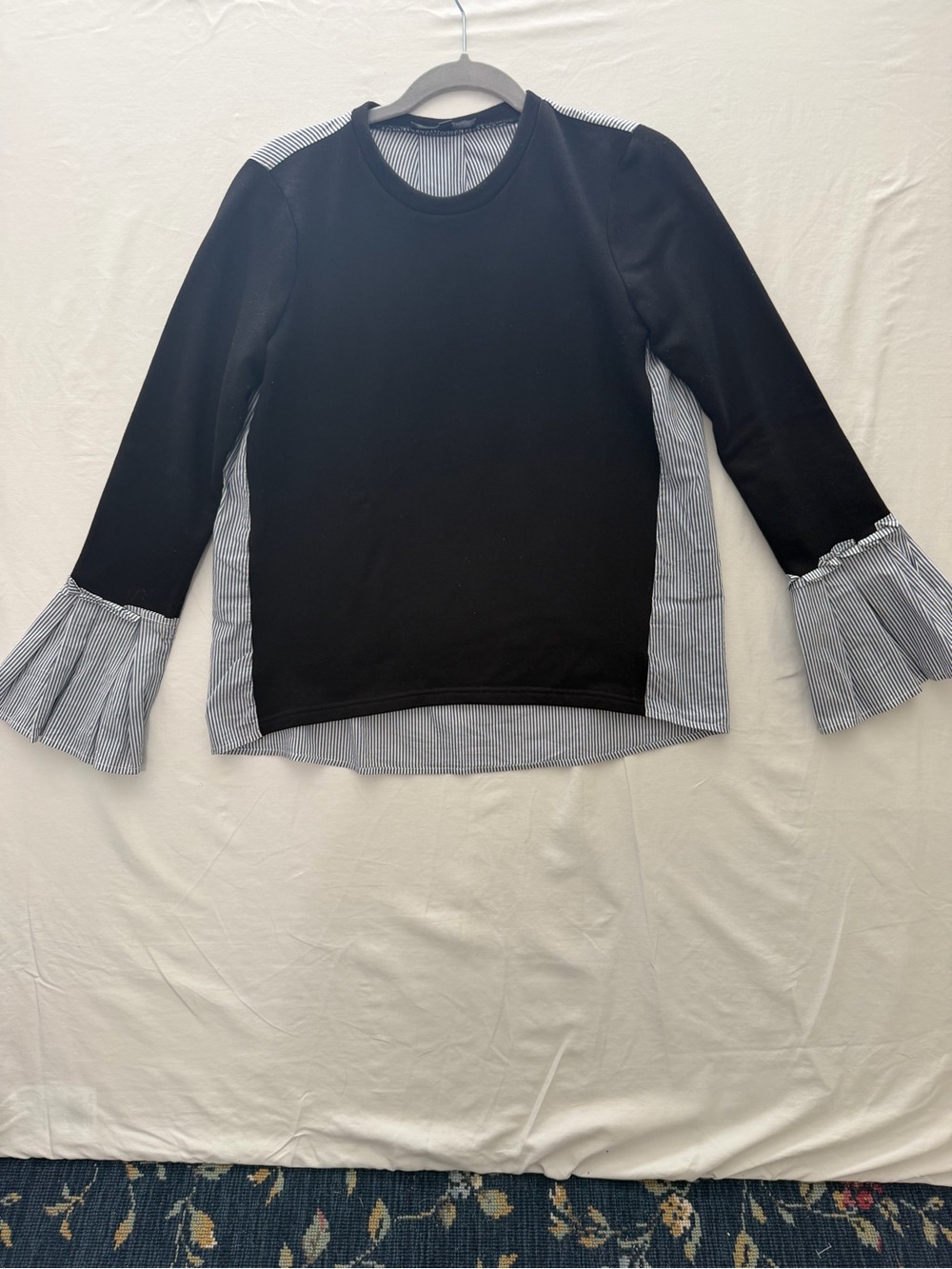 Romeo & Juliet Couture Black Top with Blue-White Stripe Ruffle Cuffs